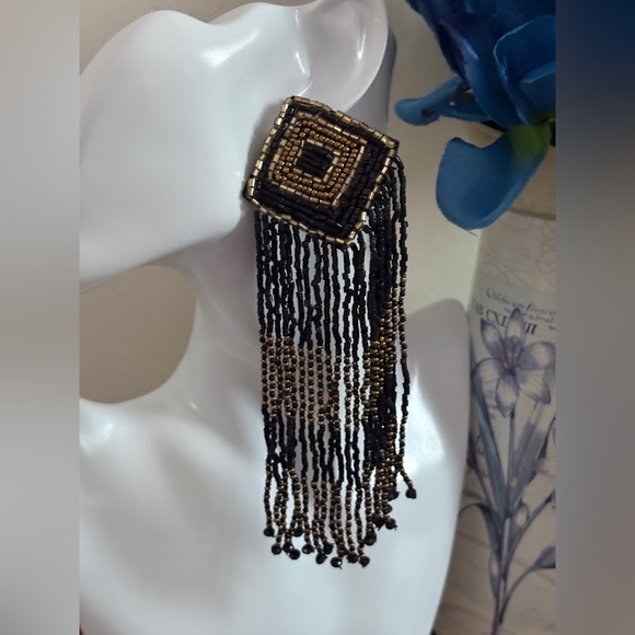 BOGO Bohemian Black & Gold Beaded Tassel Earrings NWT 5.5” - Picture 3 of 3